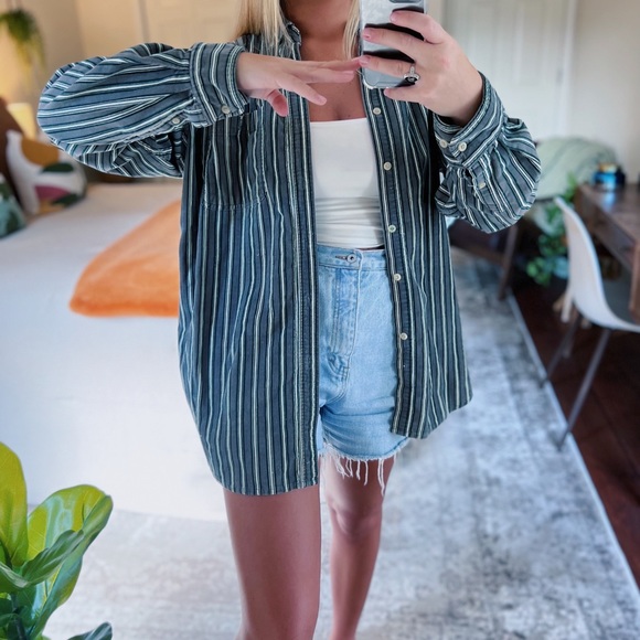 Vintage Tops - Gray + Green Striped Corduroy Flannel